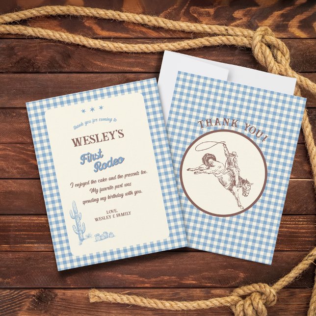 Blue Plaid First Rodeo Western 1st Birthday Dankeskarte (Blue Plaid First Rodeo Western 1st Birthday Thank You Card)