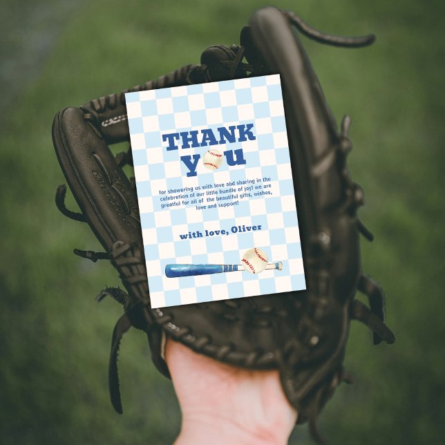 Blue Plaid Little Slugger Baseball Baby Shower  Dankeskarte (Blue Plaid Little Slugger Baseball Baby Shower Thank You Card)