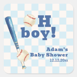 Blue Plaid Little Slugger Baseball Baby Shower Quadratischer Aufkleber