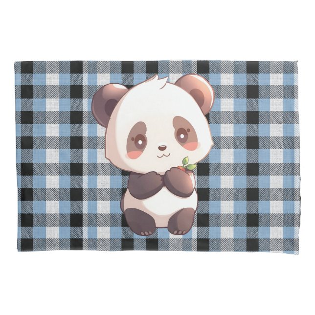 Blue Plaid Panda Kissenbezug (Vorderseite)