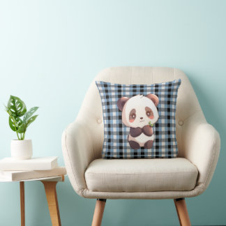 Blue Plaid Panda Throw Pillow Kissen