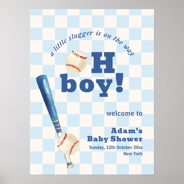 Blue Plaid Slugger Baseball Baby Shower Welcome  Poster (Vorne)