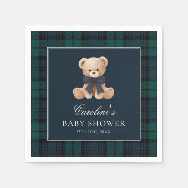 Blue Plaid Teddy Bear Baby Shower Napkins Serviette (Vorderseite)