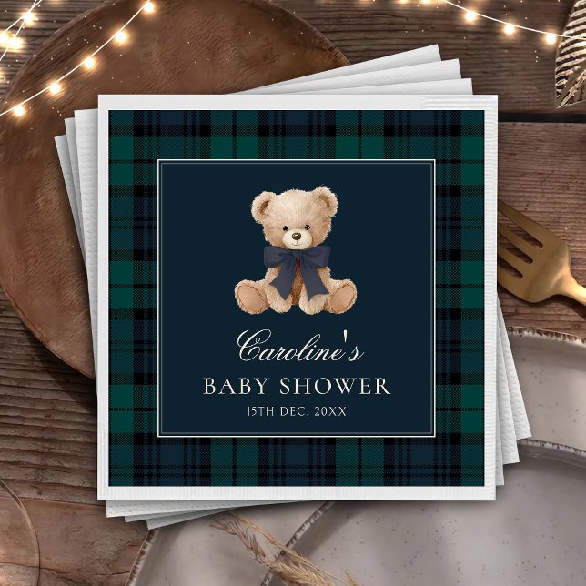 Blue Plaid Teddy Bear Baby Shower Napkins Serviette (Von Creator hochgeladen)