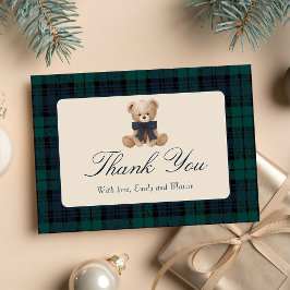 Blue Plaid Teddy Bear Baby Shower Thank You Card Dankeskarte
