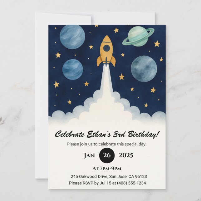 Blue Planets Rocket Start Art Geburtstag Einladung (Vorderseite)