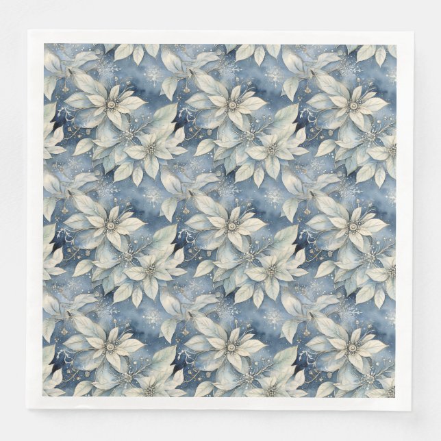 Blue Poinsettia Elegance Silver and Blue Winter Serviette (Vorderseite)