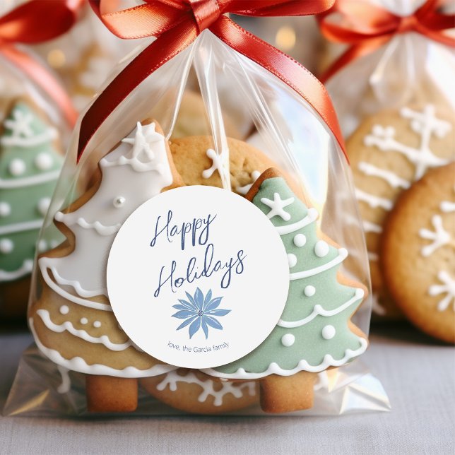 Blue Poinsettia Minimal Happy Holidays Weihnachten Runder Aufkleber (Von Creator hochgeladen)