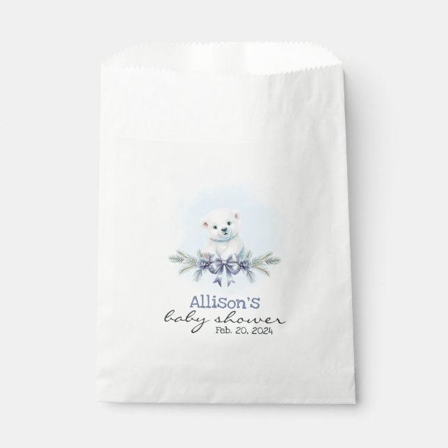 Blue Polar Bear Cub Boy Hearts Winter Baby Dusche Geschenktütchen (Vorderseite)