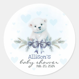Blue Polar Bear Cub Boy Hearts Winter Baby Dusche Runder Aufkleber