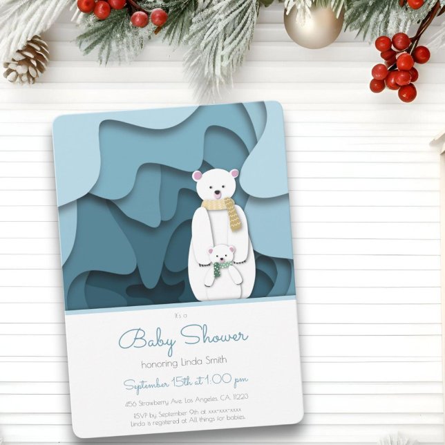 Blue Polar Bear Mama und Baby in Cave Baby Dusche Einladung (Von Creator hochgeladen)