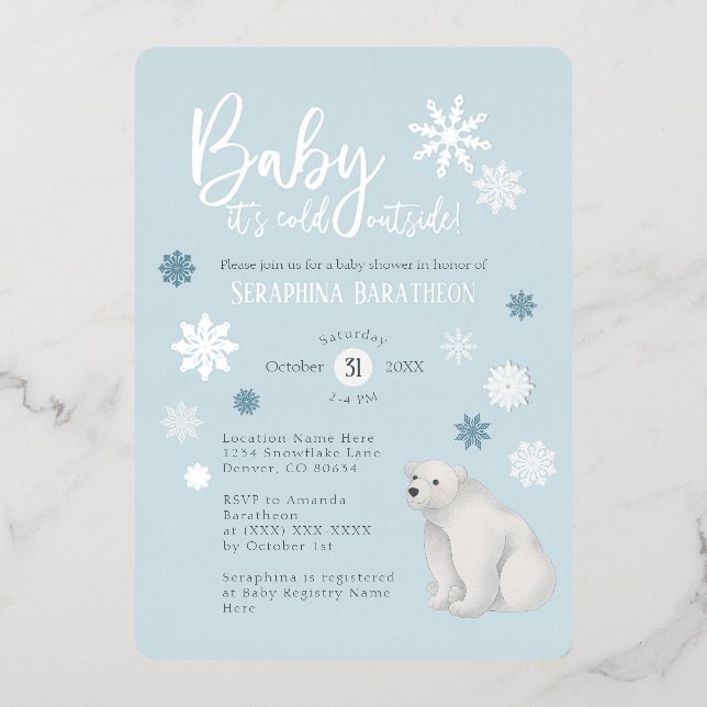 Blue Polar Bear Silver Foil Snowflake Babydusche Folieneinladung (Vorderseite)