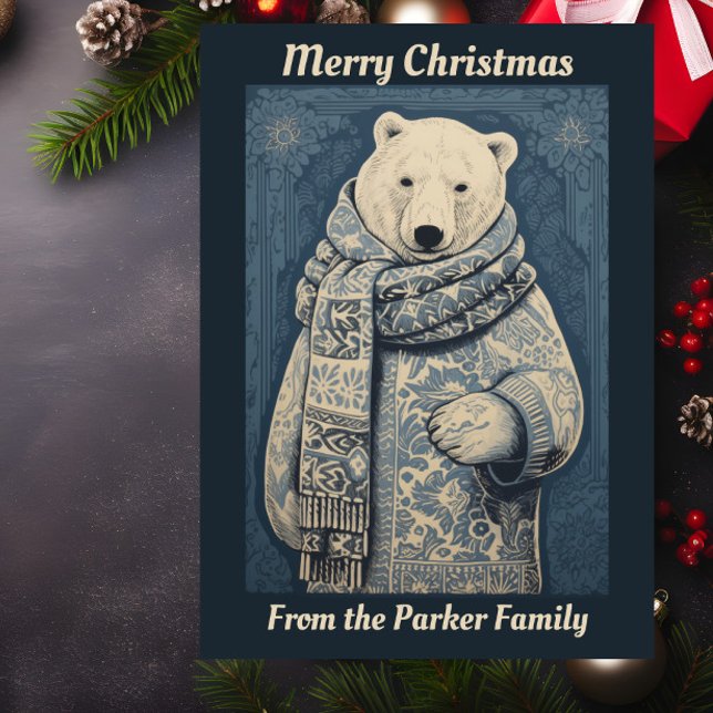 Blue Polar Bear Weihnachten (A Christmas card featuring an illustration of a polar bear wrapped in a scarf.)