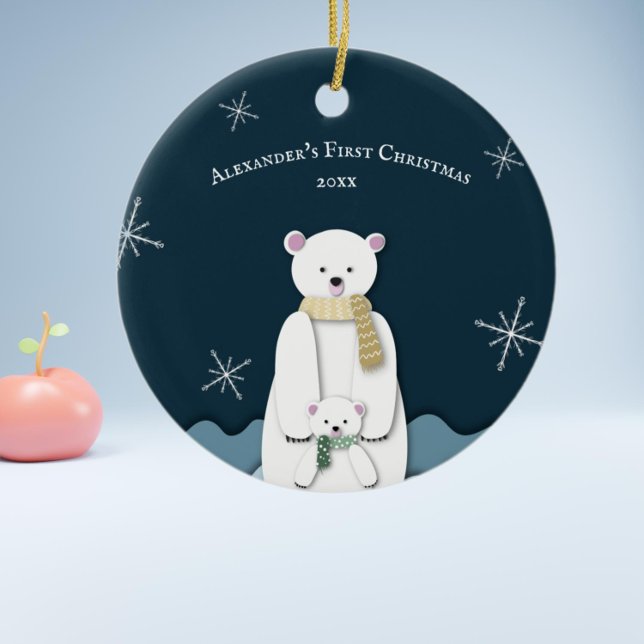 Blue-Polar-Mama mit Baby First Christmas Keramik Ornament (Mom Bear and Cub Polar Bear First Christmas Ornament Keepsake by Kinda Cute by Patricia Alvarez)