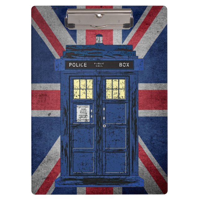 Blue Police Public Call Box - UK Time Travel 1 Klemmbrett (Vorderseite)