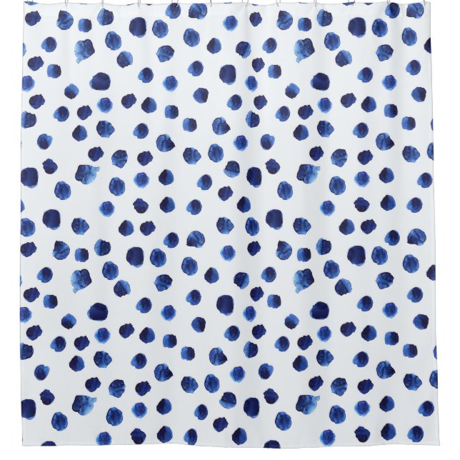 Blue Polka: Aquarelltuch Nahtlos. Duschvorhang (Vorderseite)