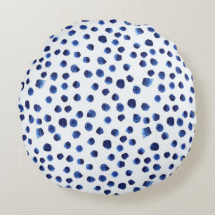 Blue Polka: Aquarelltuch Nahtlos. Rundes Kissen