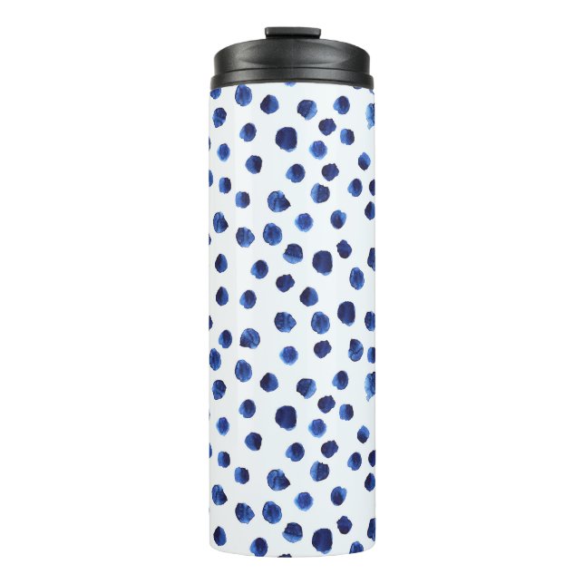 Blue Polka: Aquarelltuch Nahtlos. Thermosbecher (Vorderseite)