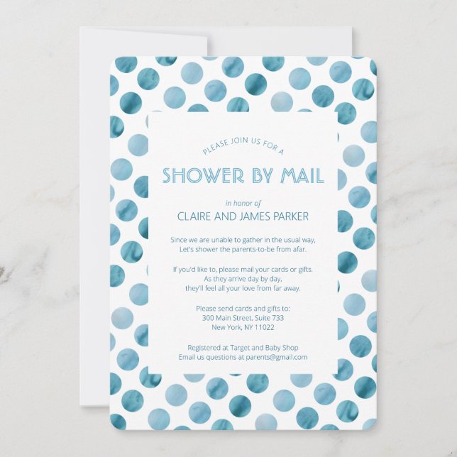 Blue Polka Dot Baby Showroom von Watercolor, Blue  Einladung (Vorderseite)