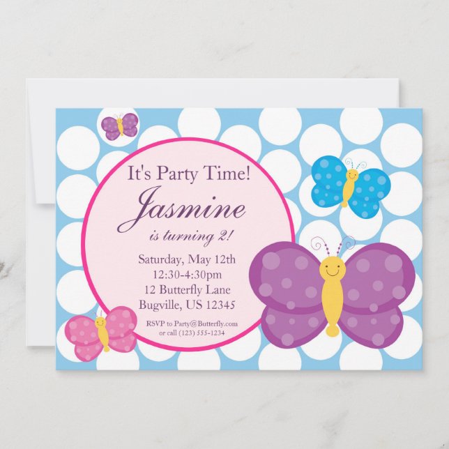 Blue Polka dot Butterfly Geburtstag Einladung (Vorderseite)