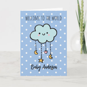 Blue Polka Dot Cloud Welcome Baby Boy Name Karte
