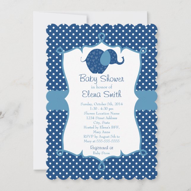 Blue Polka Dot Elephant Babydusche Einladung (Vorderseite)