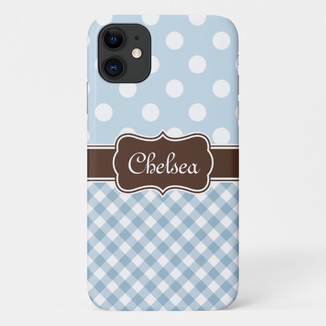 Blue Polka Dot Gingham Patterns Brown Name Case-Mate iPhone Hülle (Rückseite)