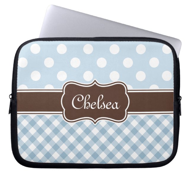 Blue Polka Dot Gingham Patterns Brown Name Laptopschutzhülle (Vorderseite)