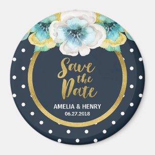 Blue Polka Dot, Imitate Gold Floral Save the Date Magnet