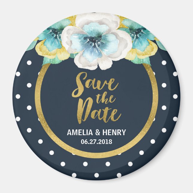 Blue Polka Dot, Imitate Gold Floral Save the Date Magnet (Vorne)