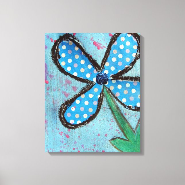 Blue Polka Dot Mixed Media Blume Leinwanddruck (Vorderseite)