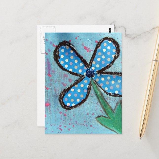 Blue Polka Dot Mixed Media Blume Postkarte (Vorderseite/Rückseite Beispiel)
