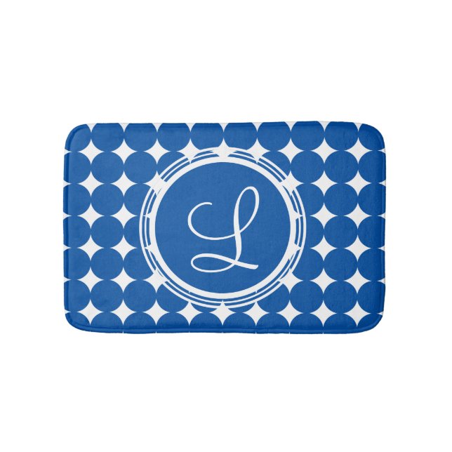 Blue Polka Dot Monogram Badematte (Vorderseite)