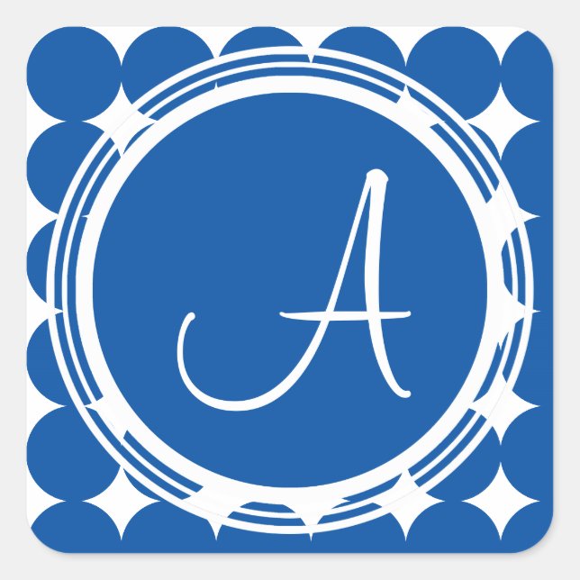 Blue Polka Dot Monogram Quadratischer Aufkleber (Vorderseite)
