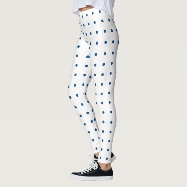 Blue Polka Dot Muster auf Weiß Leggings (Links)