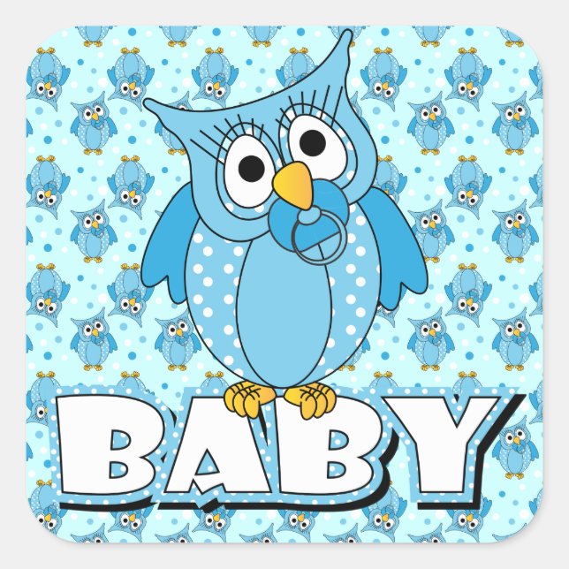 Blue Polka Dot Owl Baby Showthema Quadratischer Aufkleber (Vorderseite)