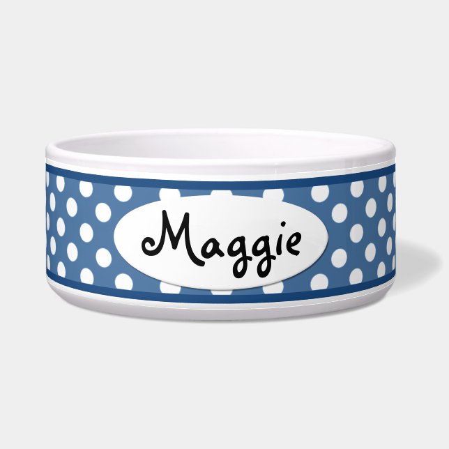Blue Polka Dot Personalisierte Keramik Dog Bowl Napf (Vorderseite)
