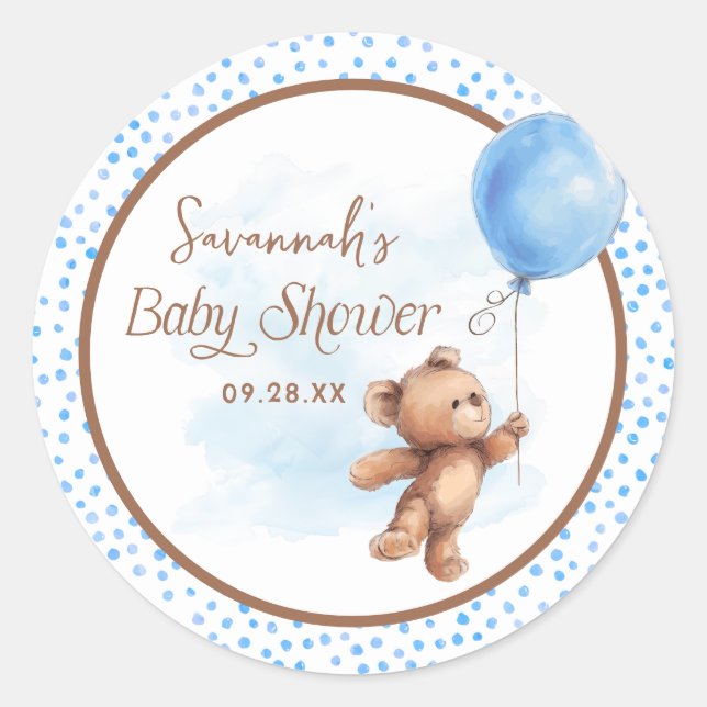 Blue Polka Dot Teddy Bear Balloon Baby Dusche Runder Aufkleber (Vorderseite)