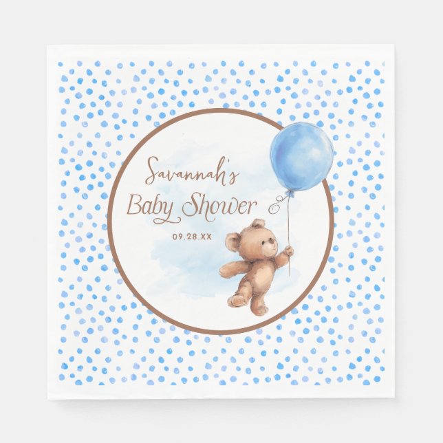 Blue Polka Dot Teddy Bear Balloon Baby Dusche Serviette (Vorderseite)