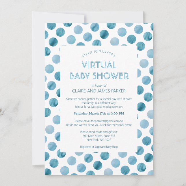 Blue Polka Dot Virtual Baby Dusche Einladung (Vorderseite)