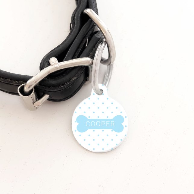 Blue Polka Dots and Dog Bone & Custom Pet Info Haustiermarke (Please note: This image is a digitally created mockup.)