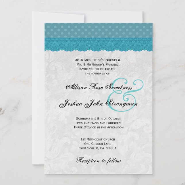 Blue Polka Dots and Lace Wedding V001 Einladung (Vorderseite)