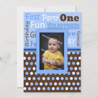Blue Polka Dots Baby's First Birthday Foto Einladung