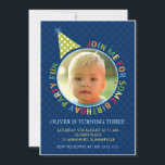 Blue Polka Dots Fun Kids Foto Geburtstagseinladung Einladung<br><div class="desc">Eine farbenfrohe Fotovorlage Einladung perfekt für Kinder. Es hat einen dunklen Polka-Punktmuster-Hintergrund mit Farbtexten und Party mit Details. Es hat eine zirkuläre Fotovorlage für Sie,  um Ihre Kinder Foto hinzuzufügen. Wenn Sie Probleme mit der Anpassung dieser Einladung haben,  klicken Sie bitte auf den Kontaktknopf oben.</div>