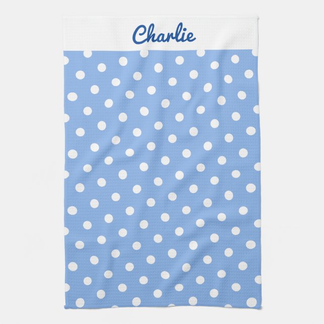 Blue Polka Dots Muster Stilvoll Personalisiert Geschirrtuch (Vertikal)