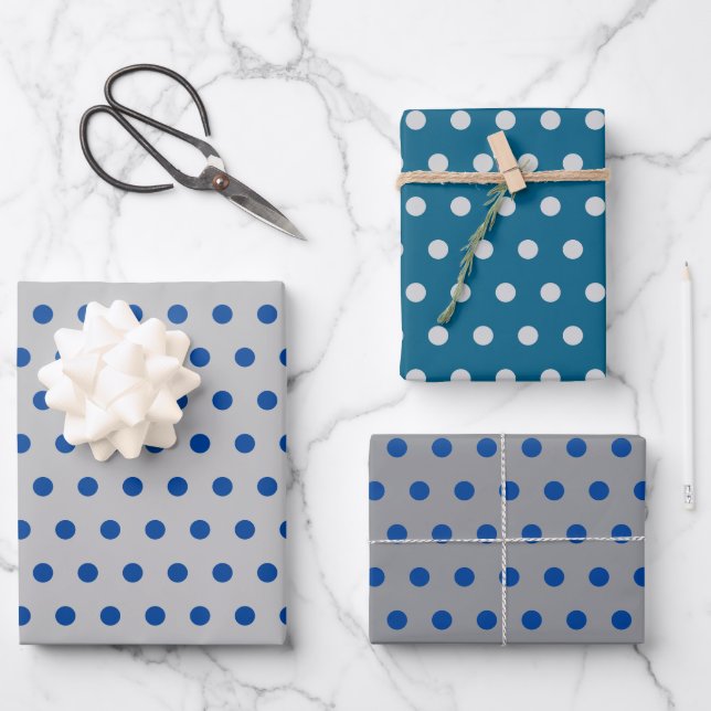 Blue Polka Dots Silver Simple Minimal Geschenkpapier Set (Vorderseite)