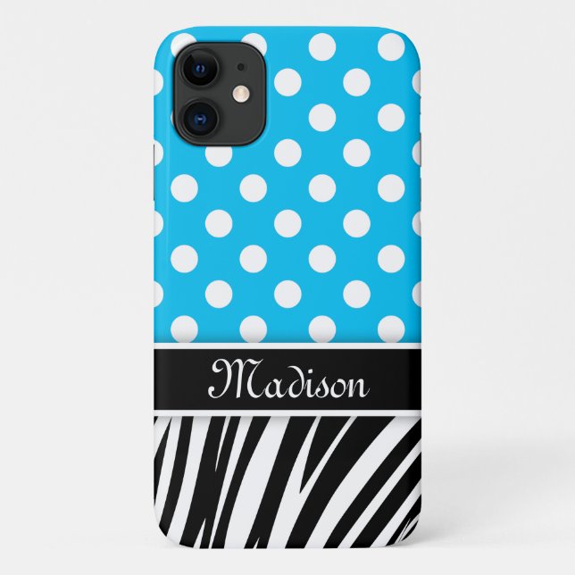 Blue Polka Dots Zebra Streifen schwarzer Name Case-Mate iPhone Hülle (Rückseite)