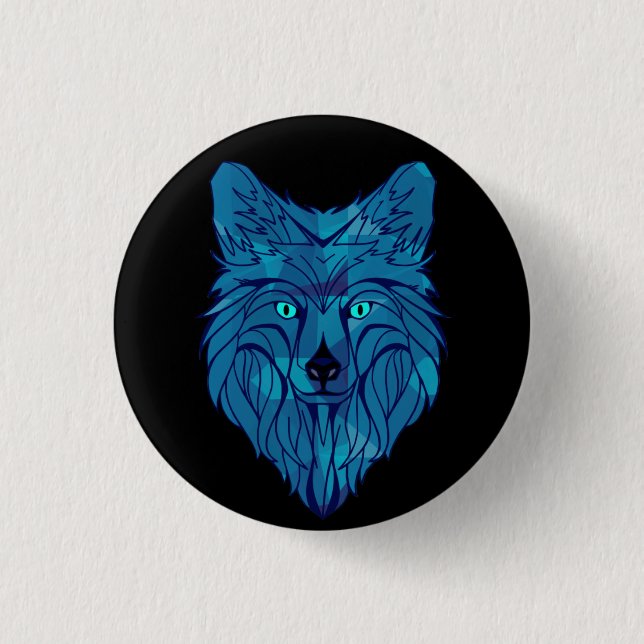 Blue Poly Wolf Head Button (Vorderseite)