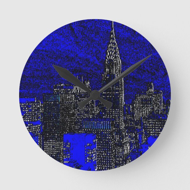 Blue Pop Art New York City Runde Wanduhr (Vorderseite)