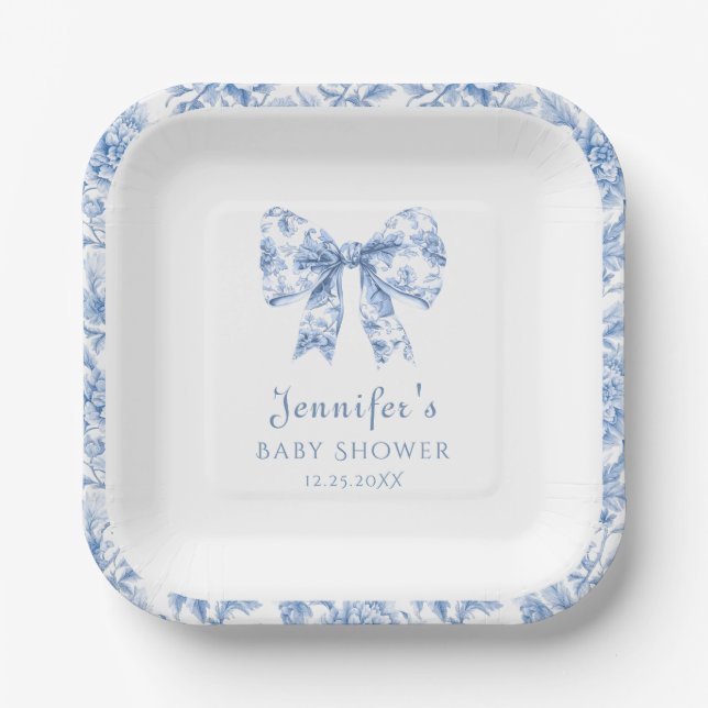 Blue Porcelain Bow Floral Toile Baby Boy Dusche Pappteller (Vorderseite)